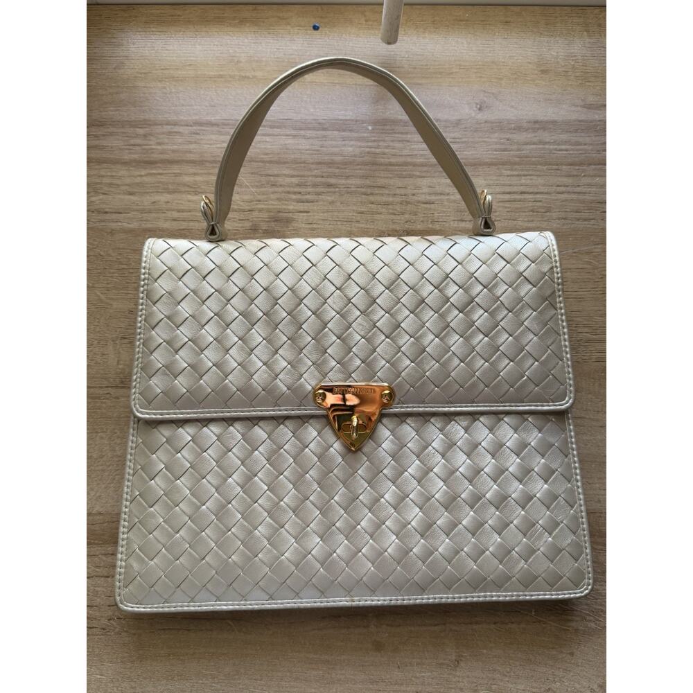 Bottega Veneta Rare‎ Vintage Intrecciato Top Handle Kelly Handbag Off White